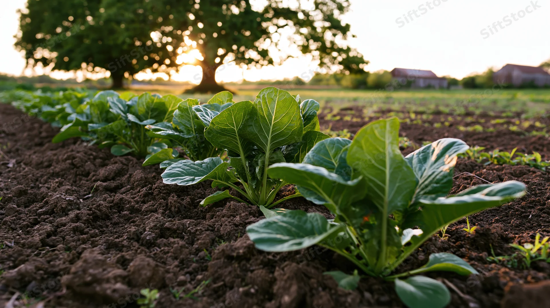 Rows of leafy green vegetable seedlings growing in dark soil in a farm field at sunset