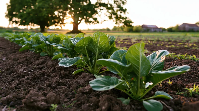 Rows of leafy green vegetable seedlings growing in dark soil in a farm field at sunset