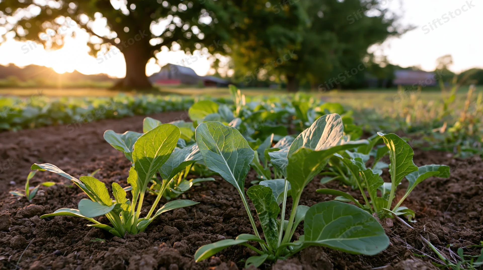 Rows of leafy green vegetable seedlings growing in dark soil in a garden field at sunrise