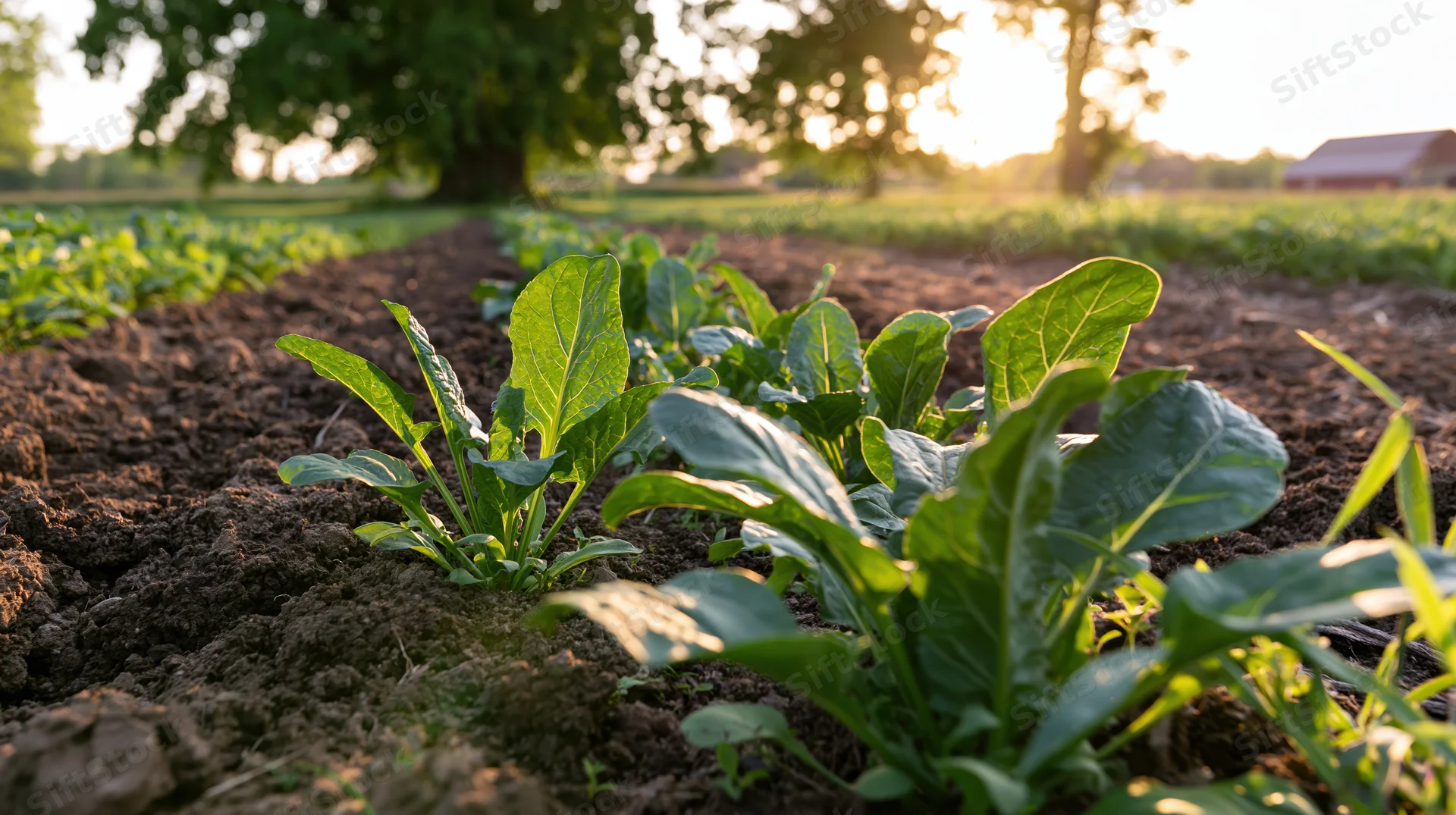 Rows of leafy green vegetable seedlings growing in dark soil in a farm field at sunrise