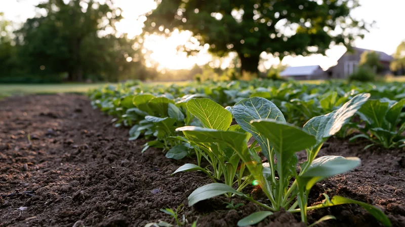 Rows of leafy green vegetable seedlings growing in dark soil in a garden at sunrise