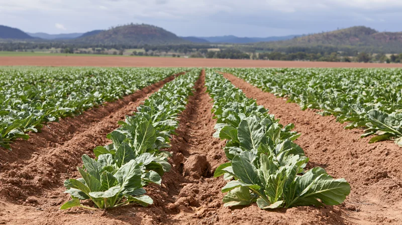 Rows of green leafy crops growing in tilled soil across a vast open field with distant hills under a cloudy sky