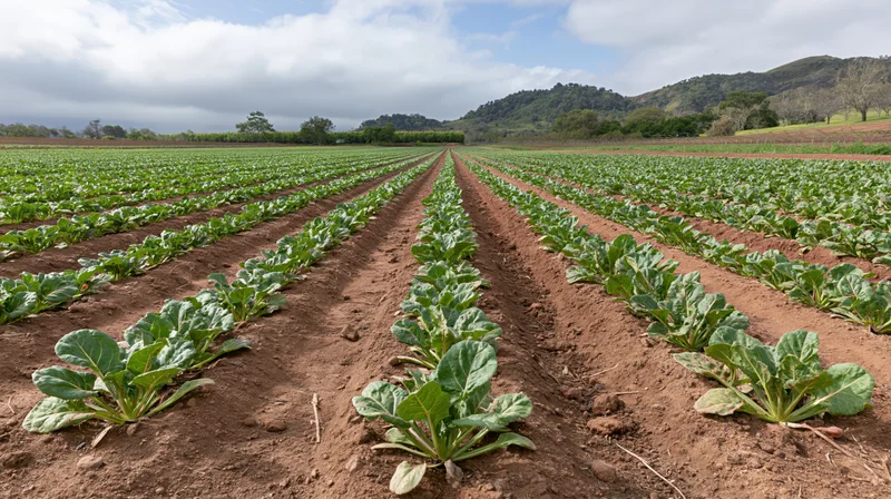 Rows of leafy green crops growing in neat lines across a farm field under a cloudy sky with hills in the distance