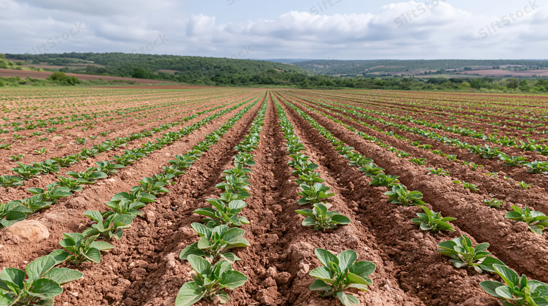 Rows of young soybean plants growing in neat lines across a vast cultivated field under a cloudy sky