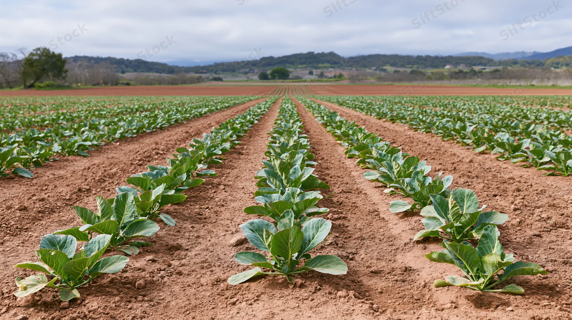 Rows of young cabbage plants growing in neat lines across a tilled farm field under an overcast sky