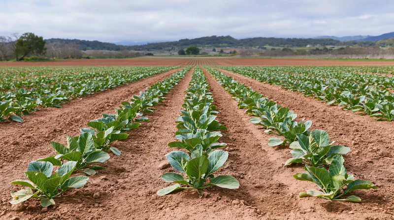 Rows of young cabbage plants growing in neat lines across a tilled farm field under an overcast sky