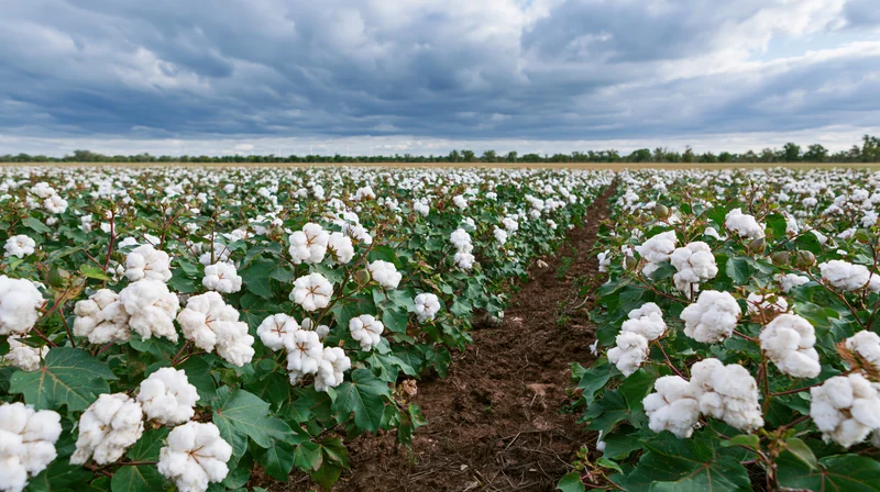 Rows of mature cotton plants in full bloom stretching across a field under a cloudy sky