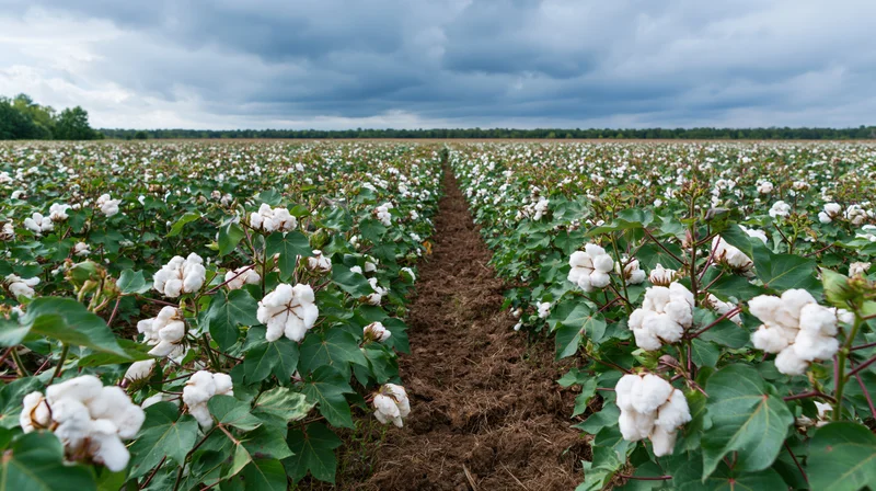 Rows of mature cotton plants in full bloom stretching across a wide field under an overcast sky