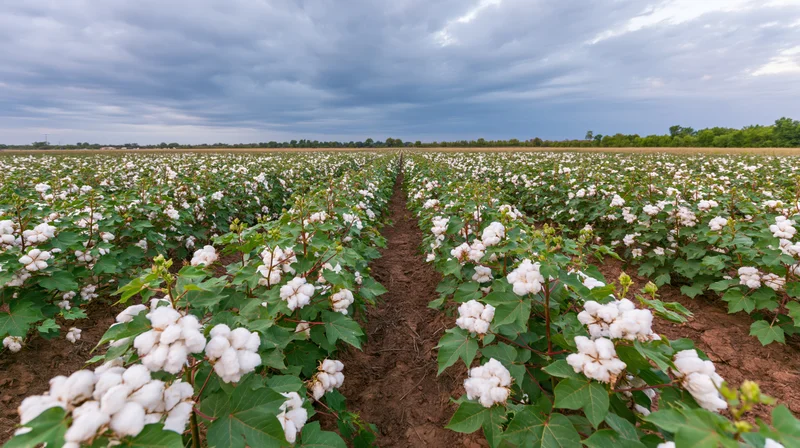 Rows of mature cotton plants in full bloom stretching across a wide field under an overcast sky