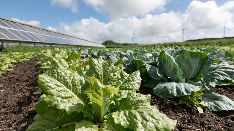 Rows of lettuce and cabbage growing in a field with solar panels and wind turbines in the background
