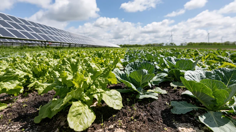 Rows of lettuce and cabbage growing in a field with solar panels and wind turbines in the background