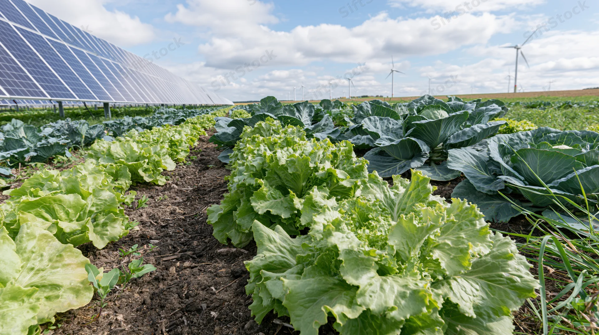 Rows of lettuce and cabbage growing in a field with solar panels and wind turbines in the background