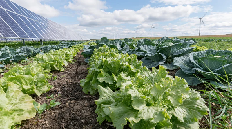 Rows of lettuce and cabbage growing in a field with solar panels and wind turbines in the background