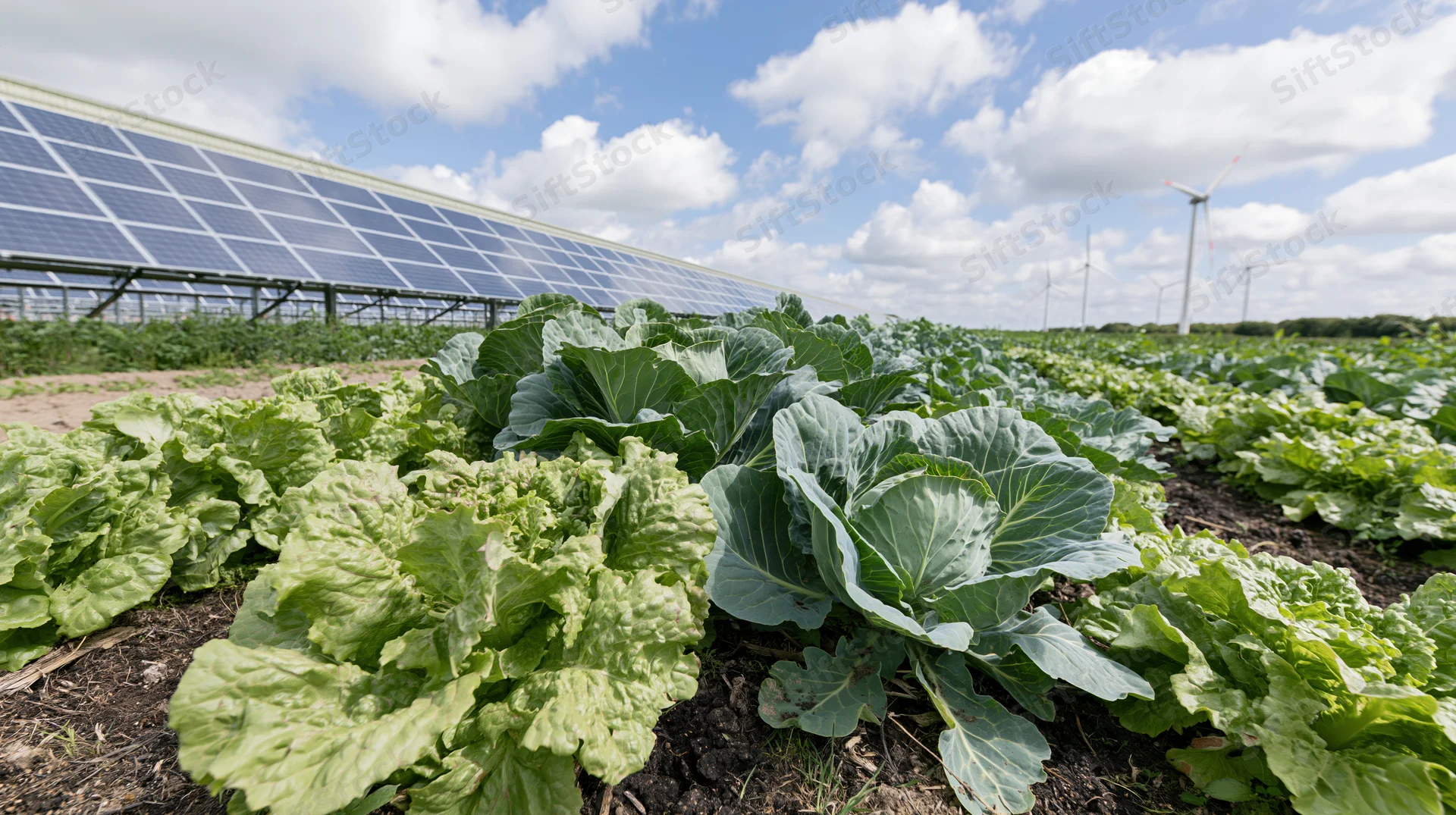 Rows of lettuce and cabbage growing in a field with solar panels and wind turbines in the background