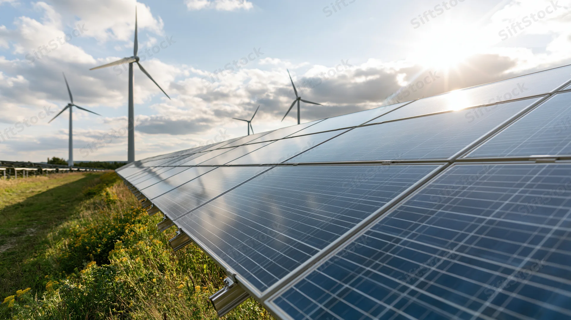 Solar panels in rows across a rural field with wind turbines in the background under a partly cloudy sky