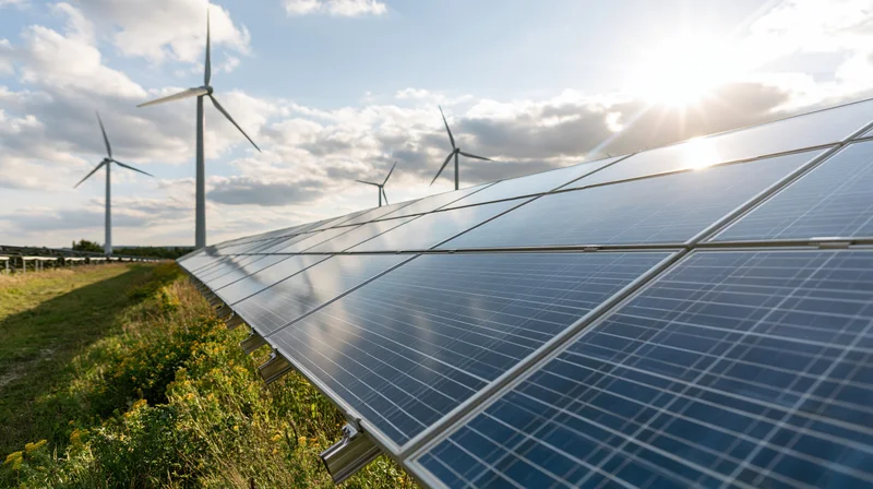 Solar panels in rows across a rural field with wind turbines in the background under a partly cloudy sky