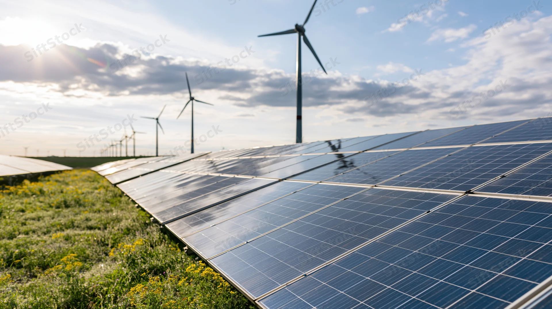 Solar panels in rows across a grassy rural field with wind turbines in the background under a partly cloudy sky