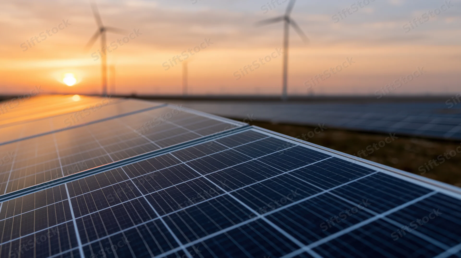 Solar panels in rows stretching toward the horizon with wind turbines in the background at sunset