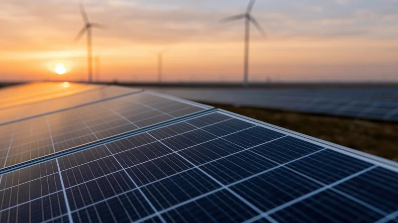 Solar panels in rows stretching toward the horizon with wind turbines in the background at sunset