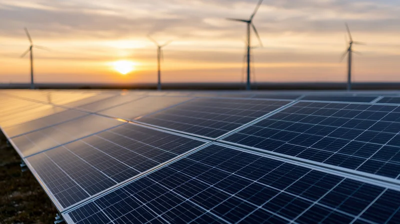 Rows of solar panels stretching toward the horizon with wind turbines in the distance at sunset