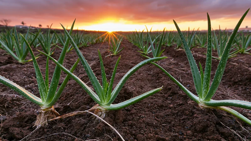Rows of young aloe vera plants growing in dark tilled soil at sunset