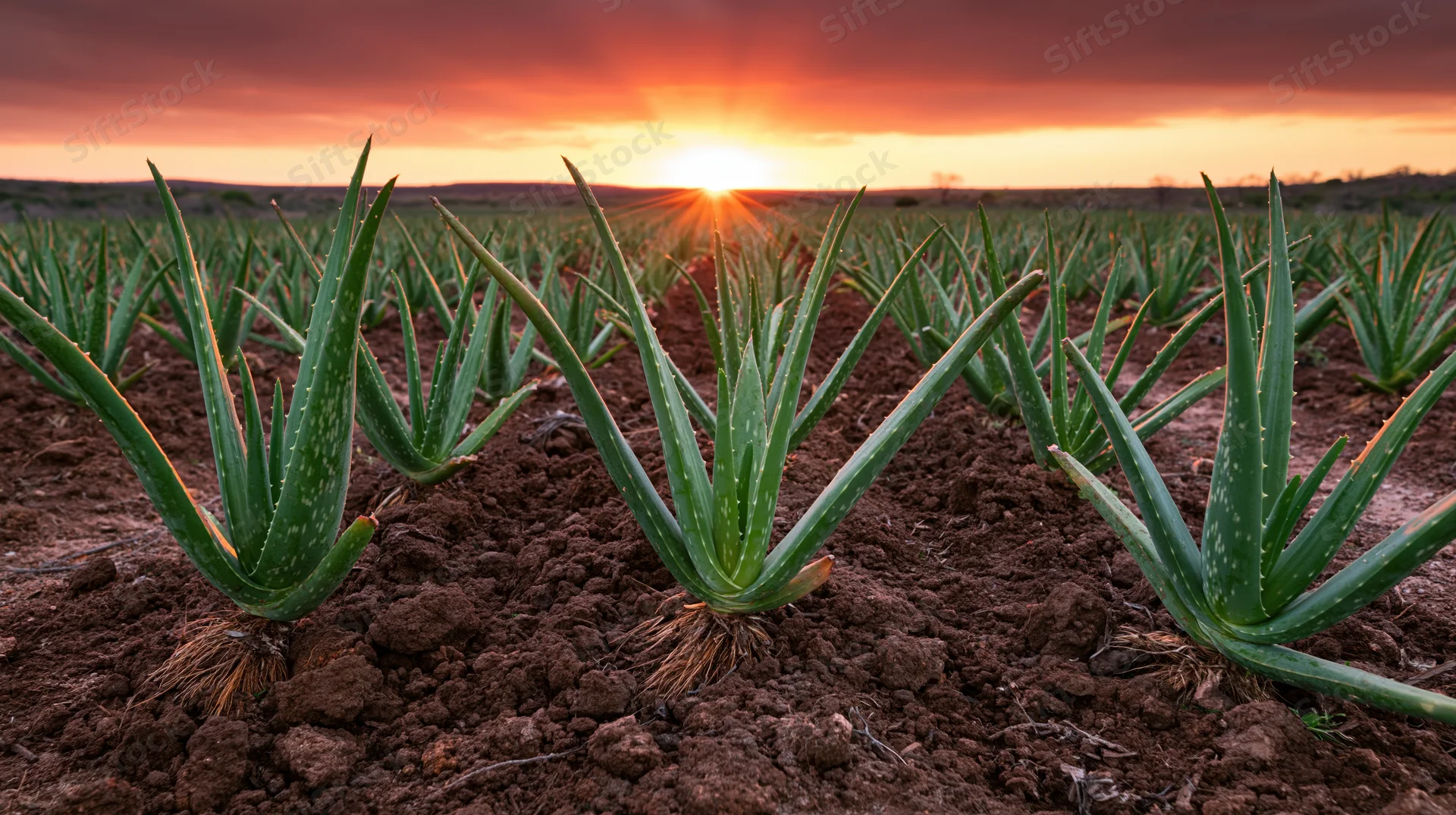 Rows of young aloe vera plants growing in dark tilled soil at sunset