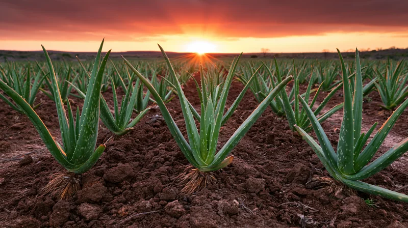Rows of young aloe vera plants growing in dark tilled soil at sunset