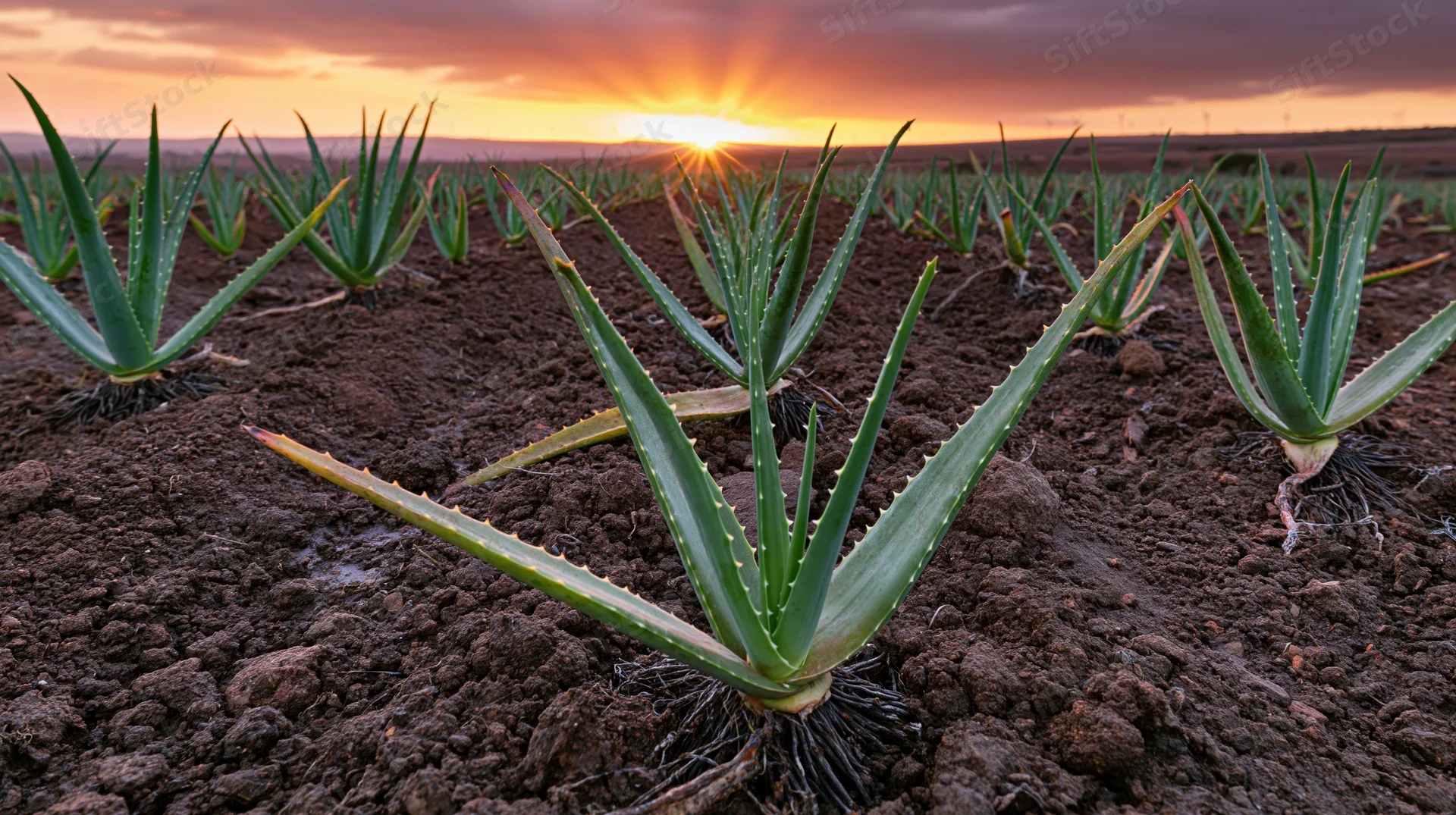 Young aloe vera plants growing in rows on dark tilled soil at sunset