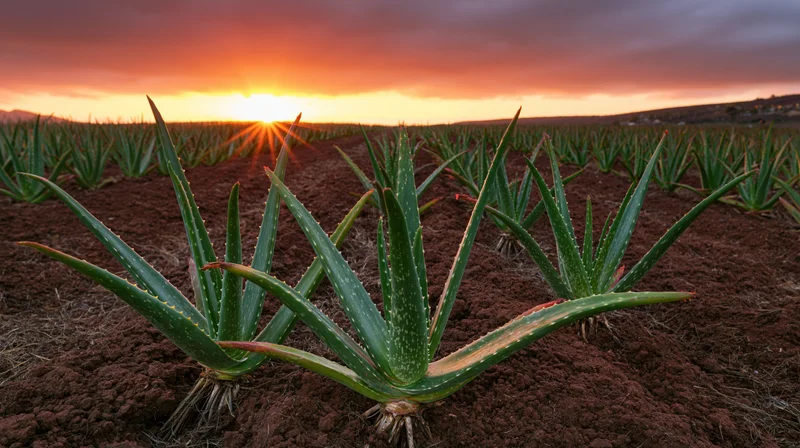 Rows of young aloe vera plants growing in dark tilled soil at sunset