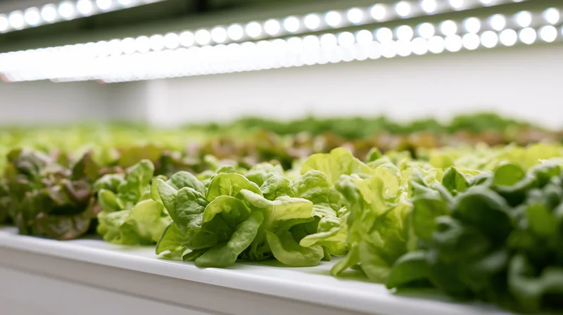 Rows of young butter lettuce growing in a hydroponic indoor farm under led lights