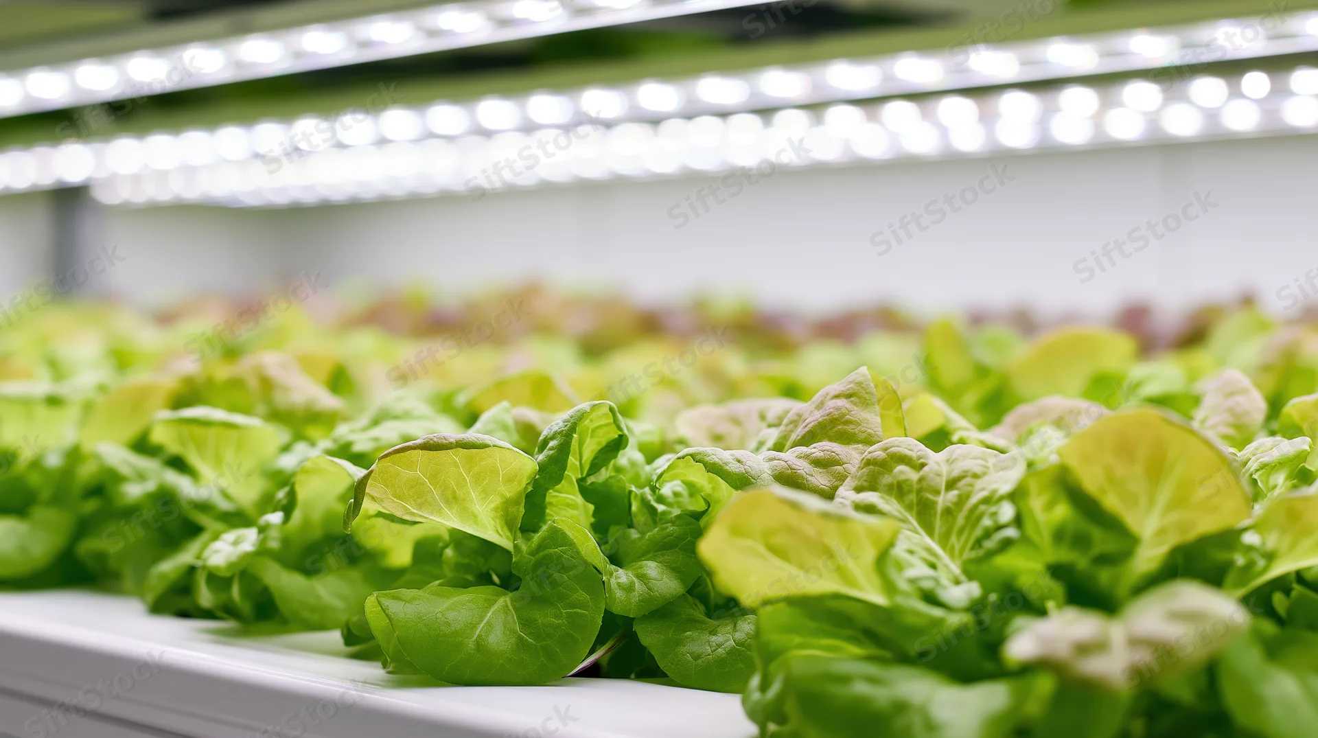 Rows of young butter lettuce growing in a hydroponic indoor farm under led lighting