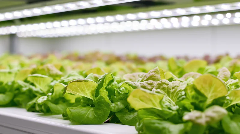 Rows of young butter lettuce growing in a hydroponic indoor farm under led lighting