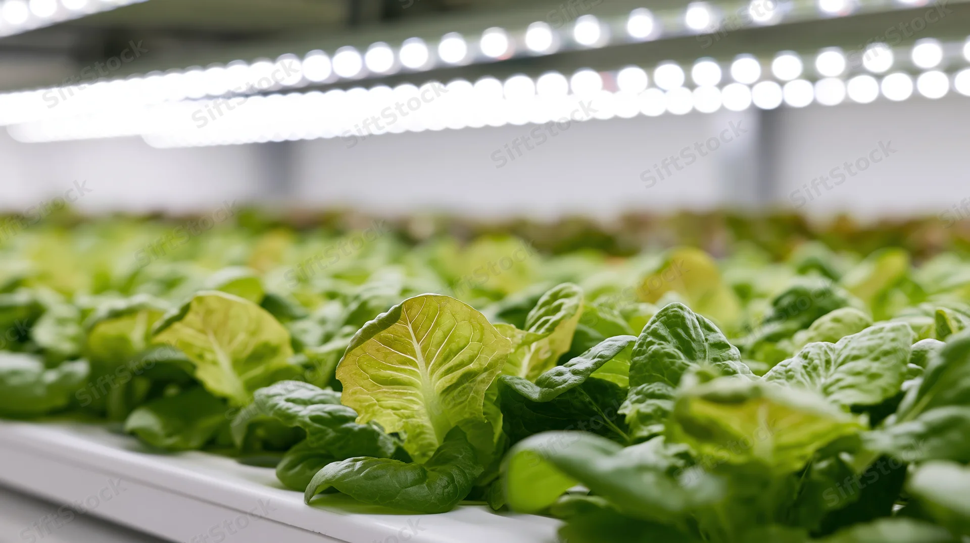 Rows of butter lettuce growing under led lights in a hydroponic indoor farm