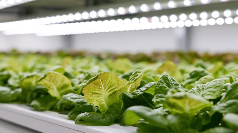 Rows of butter lettuce growing under led lights in a hydroponic indoor farm