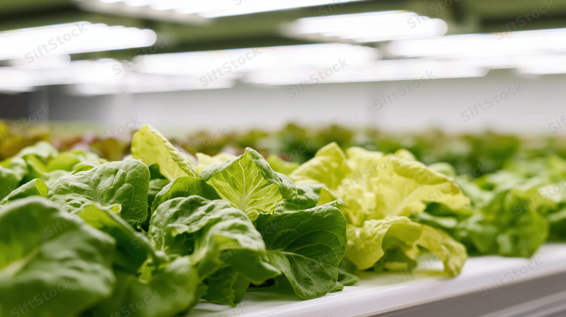 Rows of young butter lettuce growing in a hydroponic indoor farm under artificial lighting