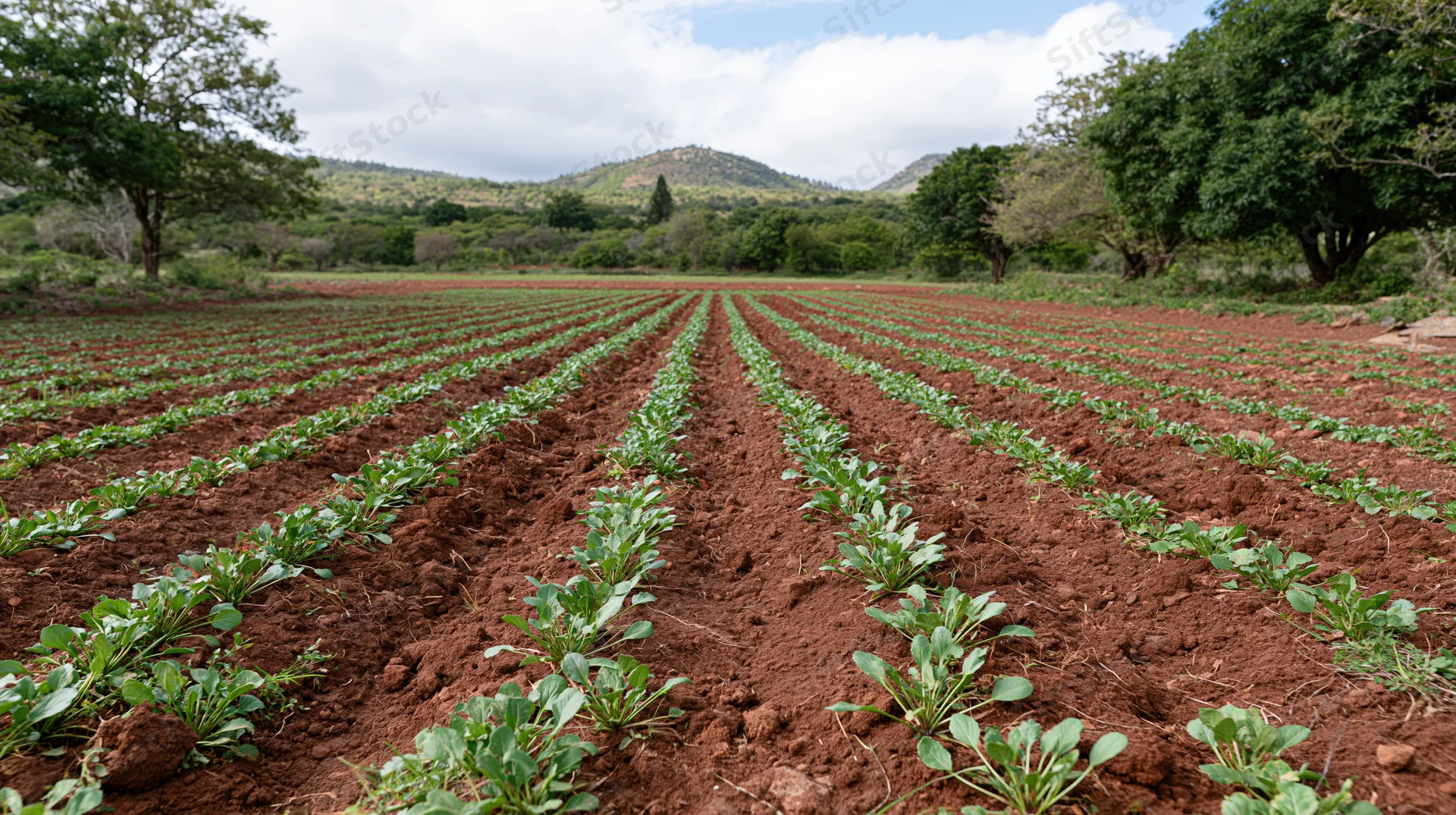 Rows of young green crops planted in reddish-brown soil stretching across a rural field with trees and hills in the background