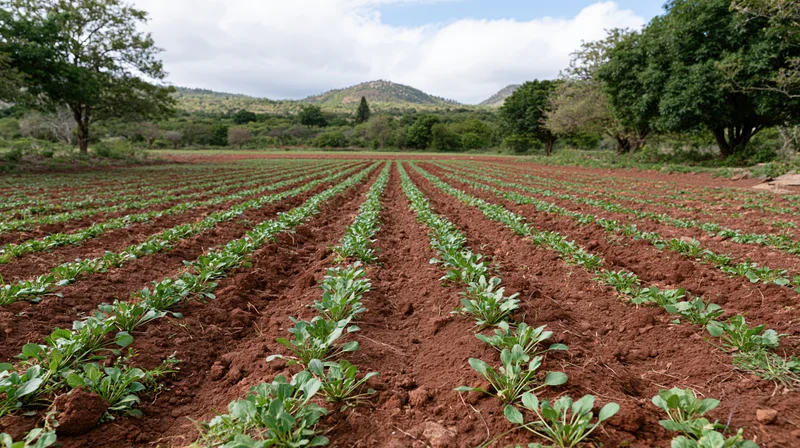 Rows of young green crops planted in reddish-brown soil stretching across a rural field with trees and hills in the background