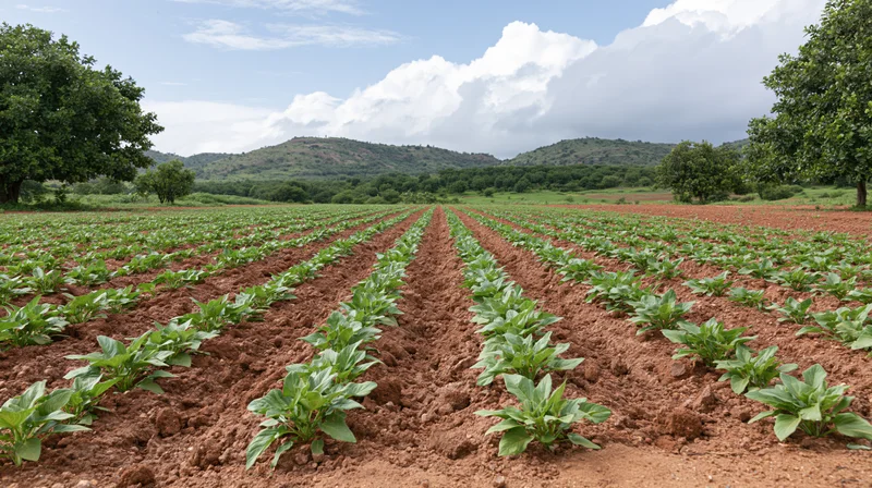 Rows of young green crops planted in reddish-brown soil stretching across a rural field under a partly cloudy sky