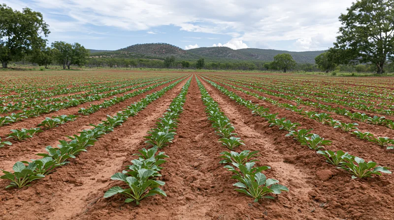 Rows of young green crops planted in reddish-brown soil stretching across a rural field under a partly cloudy sky
