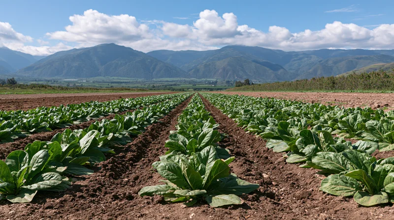 Rows of young green lettuce plants growing in a field with mountains in the background