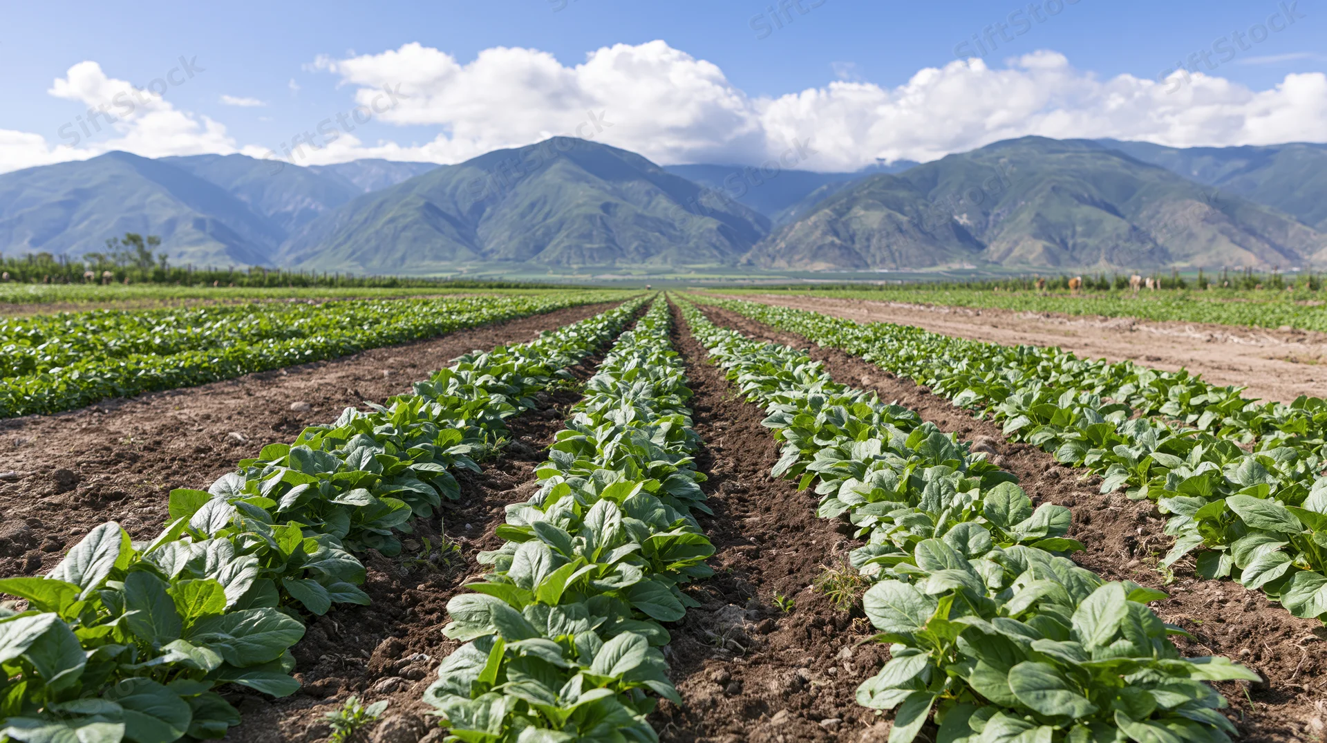 Rows of young green crops growing in a field with mountains in the background