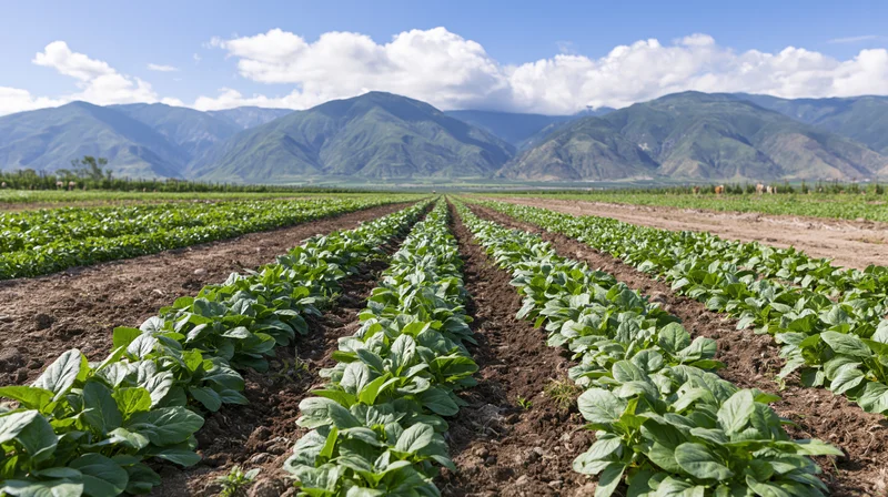 Rows of young green crops growing in a field with mountains in the background