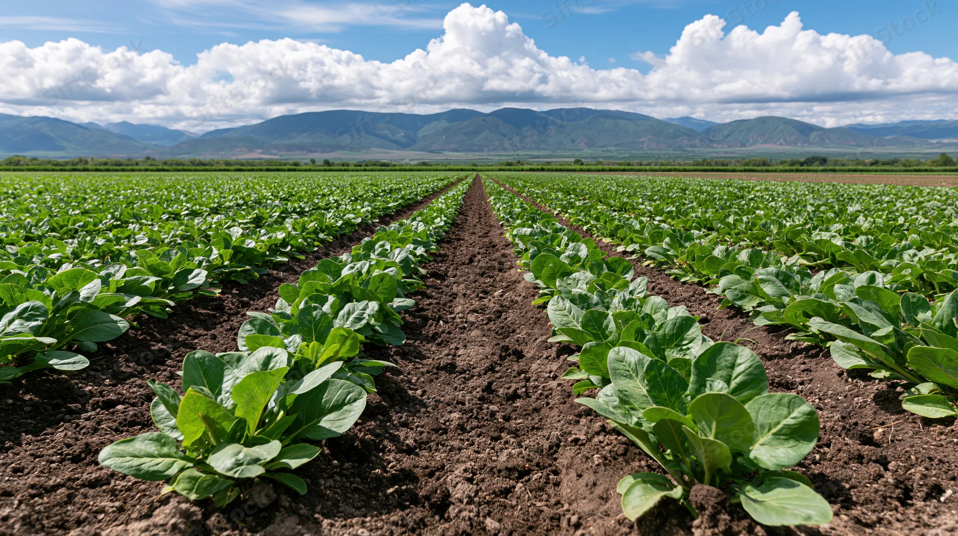 Rows of young green crops growing in a field with distant mountains under a blue sky