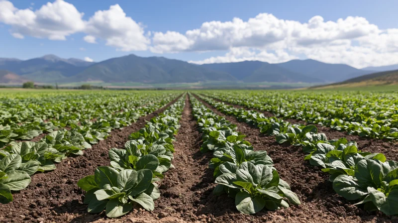 Rows of young green spinach plants growing in neat lines across a field with mountains in the distance