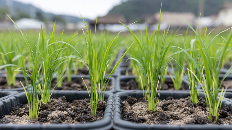 Young rice seedlings growing in black plastic trays in a nursery field