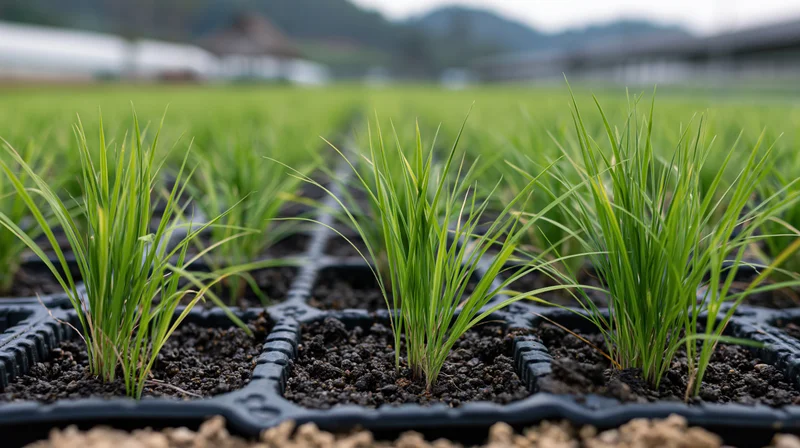 Young rice seedlings growing in black plastic trays in a nursery field