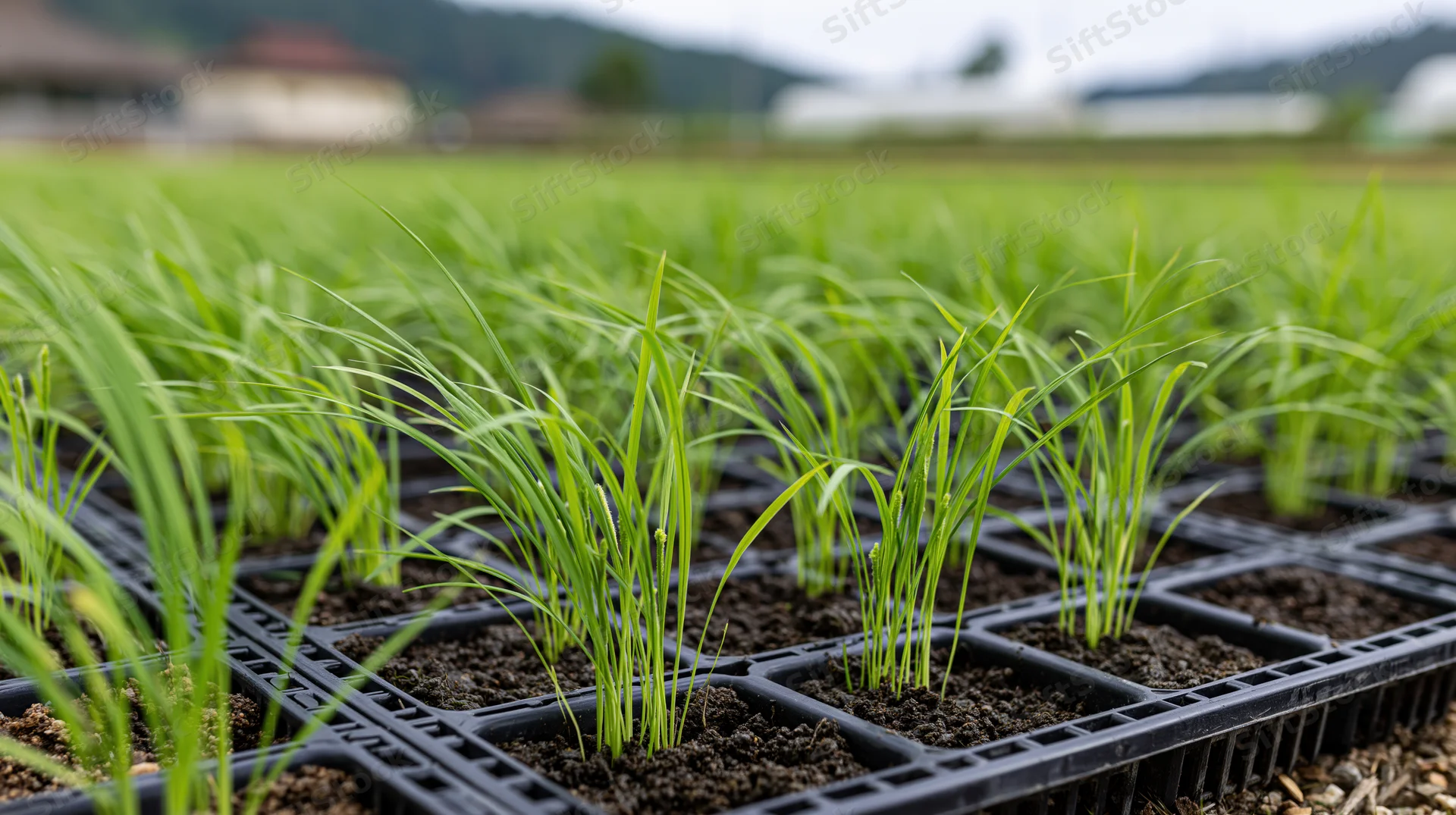 Young rice seedlings growing in black plastic trays in a nursery field
