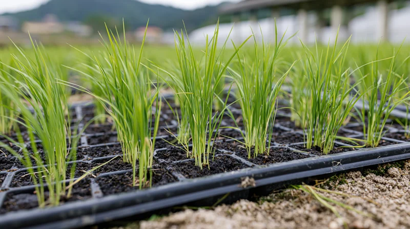 Young rice seedlings growing in black plastic trays in a nursery field
