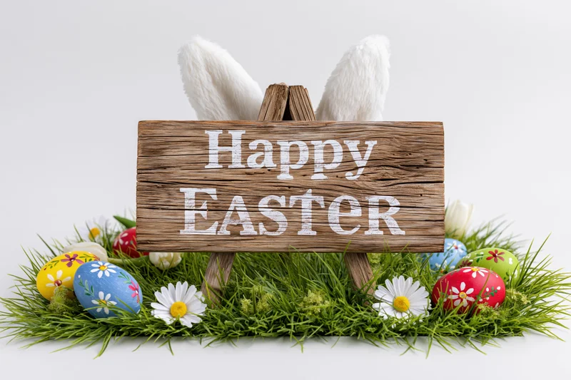 Rustic wooden sign reading happy easter propped in green grass with painted eggs and daisies