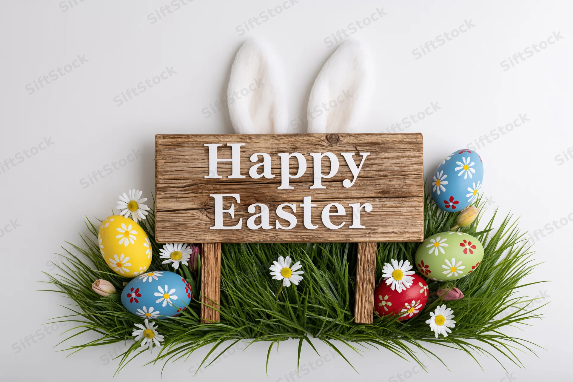 Rustic wooden sign reading happy easter propped in green grass with decorated eggs and daisies